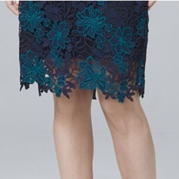 White House Black Market Illusion Lace Sheath Dress Navy Floral Midi EUC Zipper - Picture 4 of 16